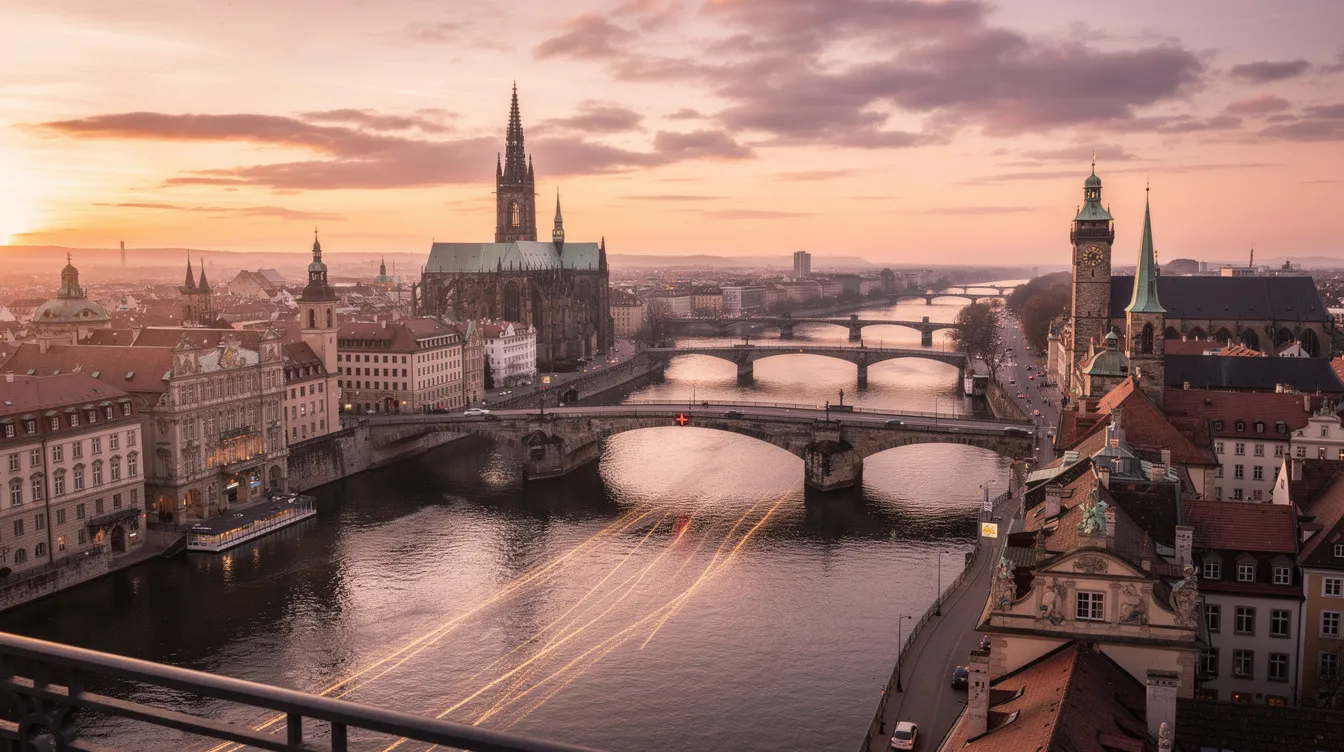 Panorama europejskiego miasta ukazuje rzekę, mosty oraz zabytkowe budynki, które są oświetlone ciepłym światłem zachodzącego słońca. W tle widać charakterystyczne elementy architektury, które odzwierciedlają zróżnicowanie kulturowe ludności Europy.