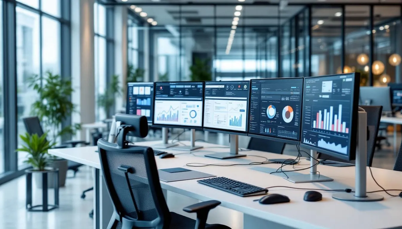 Nowoczesne środowisko pracy z wieloma monitorami, na których wyświetlany jest interfejs systemu ERP, w tym Microsoft Dynamics 365, umożliwia efektywne zarządzanie procesami biznesowymi w przedsiębiorstwie. Użytkownicy mogą z łatwością dostosowywać moduły oraz korzystać z aplikacji w chmurze, co poprawia wydajność i integrację z klientami.