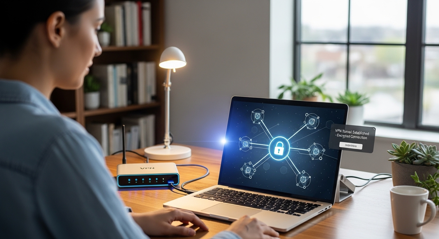 Remote employee securely connecting laptop to corporate network through encrypted VPN tunnel from home office.