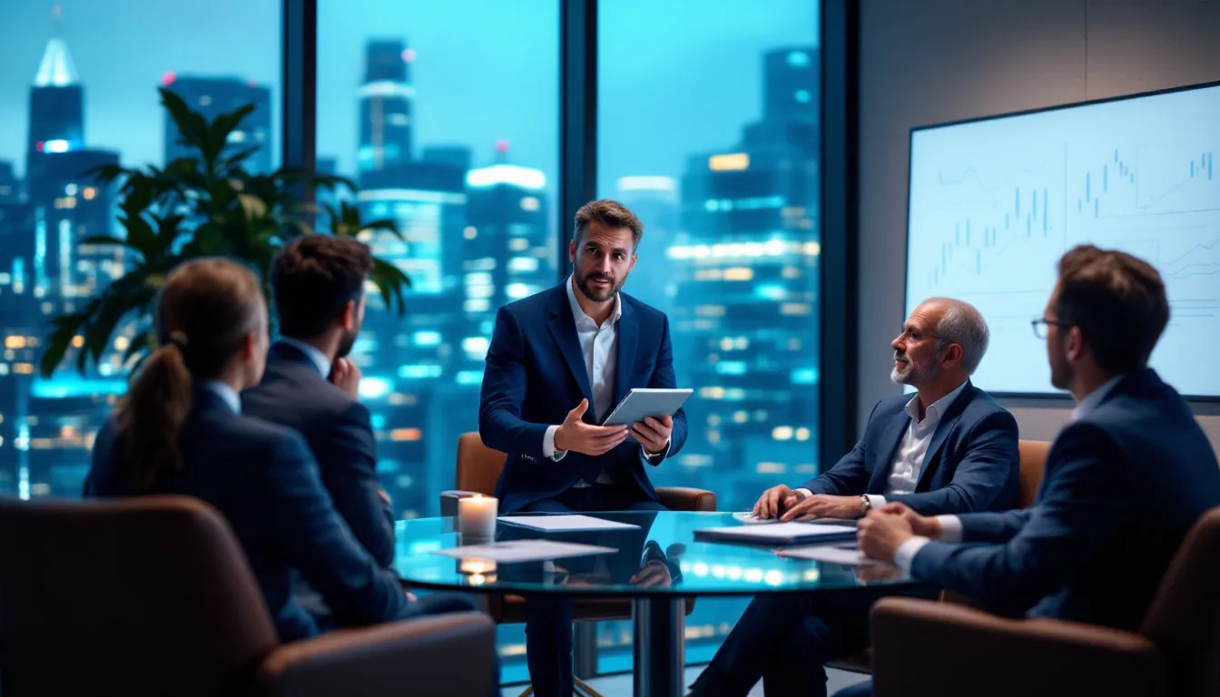 A financial advisor is presenting a premium financing strategy to ultra-high net worth clients, highlighting the benefits of life insurance premium financing as a means to manage insurance premiums and estate taxes. The advisor discusses how this financial strategy can help clients obtain needed coverage while addressing liquidity and cash flow concerns through innovative financing solutions.