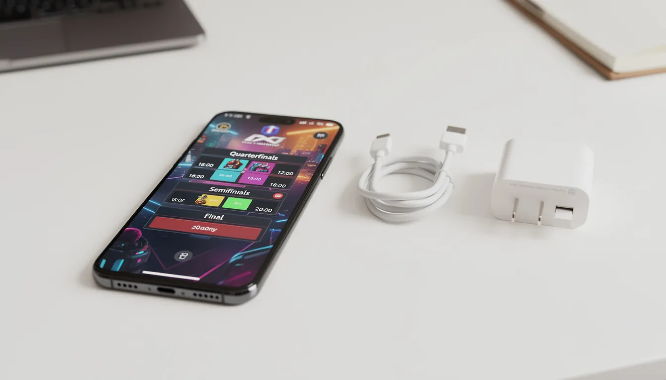 A smartphone is shown displaying a tournament bracket and schedule, positioned next to a phone charger and various essential gear for a weekend pickleball tournament, including extra socks, a first aid kit, and healthy snacks. This setup highlights the importance of thoughtful preparation and staying connected during tournament day.