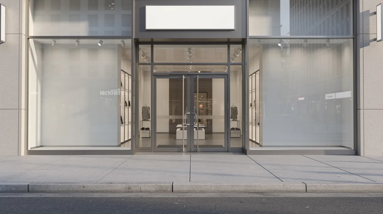 The image depicts a commercial storefront entrance featuring large glass doors, with a clean sidewalk leading up to the building. This setting highlights the importance of property owners maintaining safe access to their premises, as inadequate maintenance could lead to premises liability claims for slip and fall accidents.