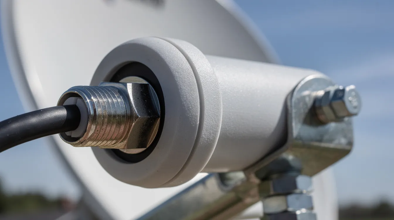 This close-up image showcases a satellite dish LNB with a coaxial cable connector and mounting hardware, essential components for a professional DSTV installation. The detailed view highlights the intricate design of the LNB, crucial for ensuring optimal signal strength and addressing any DSTV signal problems.