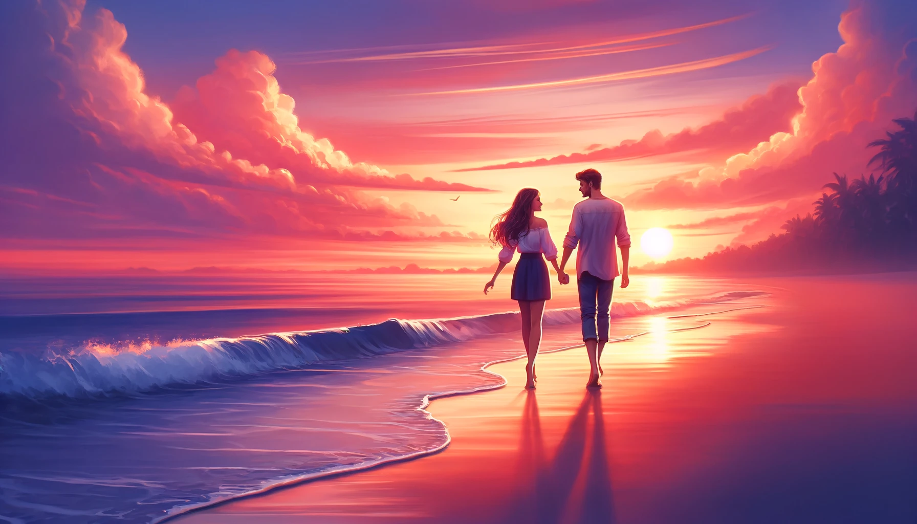 A couple enjoying a beautiful romantic sunset on a beach