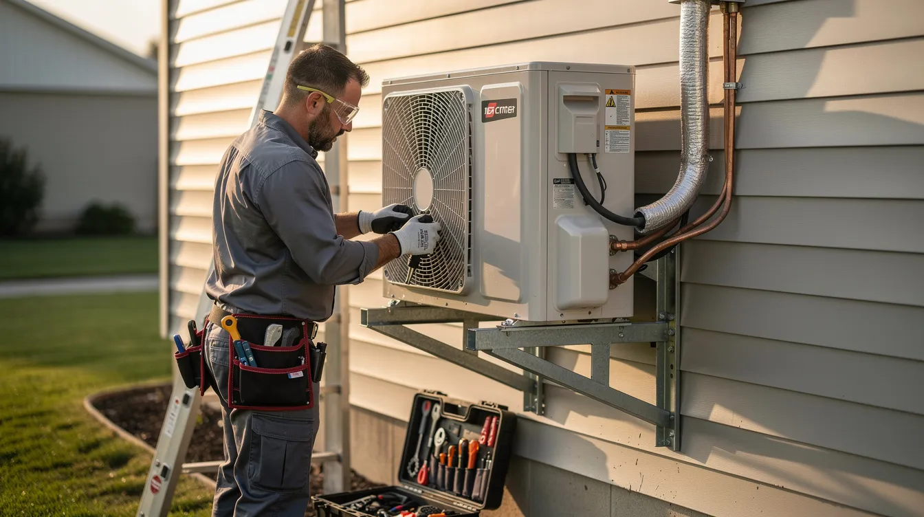 A technician in work clothes is installing a Samsung air conditioning condenser unit on an exterior wall bracket, ensuring proper air flow and efficiency for optimal cooling. The setup is part of a modern air conditioning system designed to enhance comfort and energy savings.