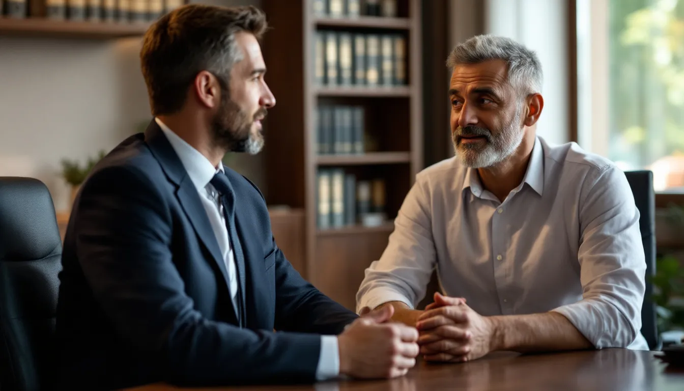 A workers compensation lawyer discussing a case with an injured worker.