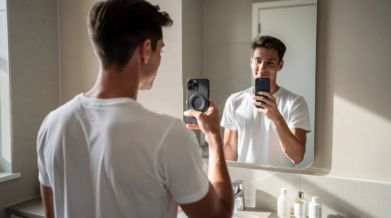 A person is taking a selfie in a bathroom mirror, bathed in soft natural lighting, capturing their face as they navigate the early stages of eyelid surgery recovery. The image reflects a moment of self-reflection during the healing process, possibly showcasing initial swelling and the impact of the surgical procedure on their appearance.