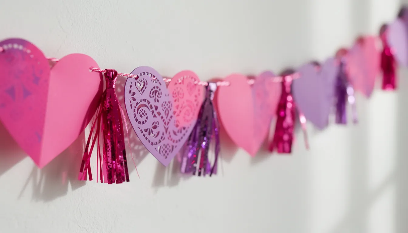 A vibrant Valentine's Day garland with bright pink and purple hearts, price them out early, perfect for love, red and white hearts