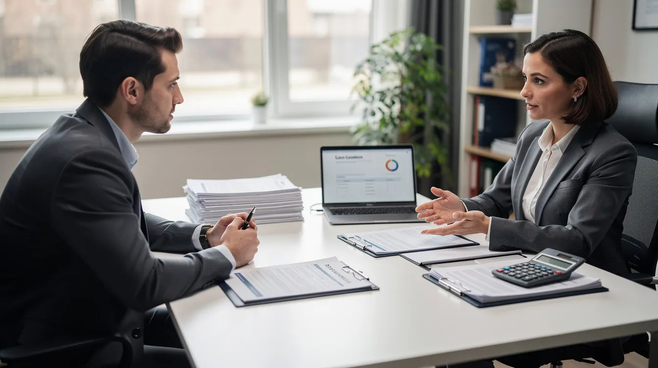 0699580f d639 469a b537 afbb5647f753 The image shows a small business owner sitting across from a bank officer at a desk filled with loan documents and papers. They are discussing potential financial assistance options, likely related to business loans under the Pradhan Mantri Mudra Yojana, emphasizing the importance of a solid business plan and successful repayment of previous loans.