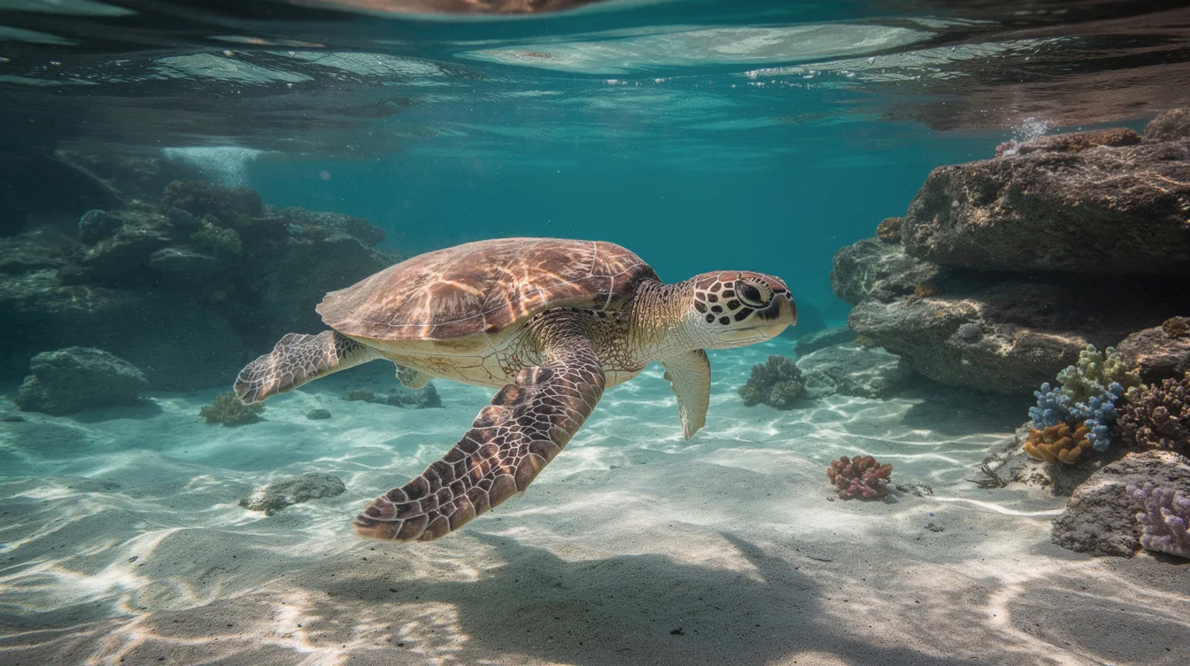 Uma tartaruga marinha nada tranquilamente em águas rasas e cristalinas, próximas a uma praia rochosa com areia branca. Essa cena, típica das ilhas do Caribe, como Curaçao, destaca a rica vida marinha e a beleza natural do destino.