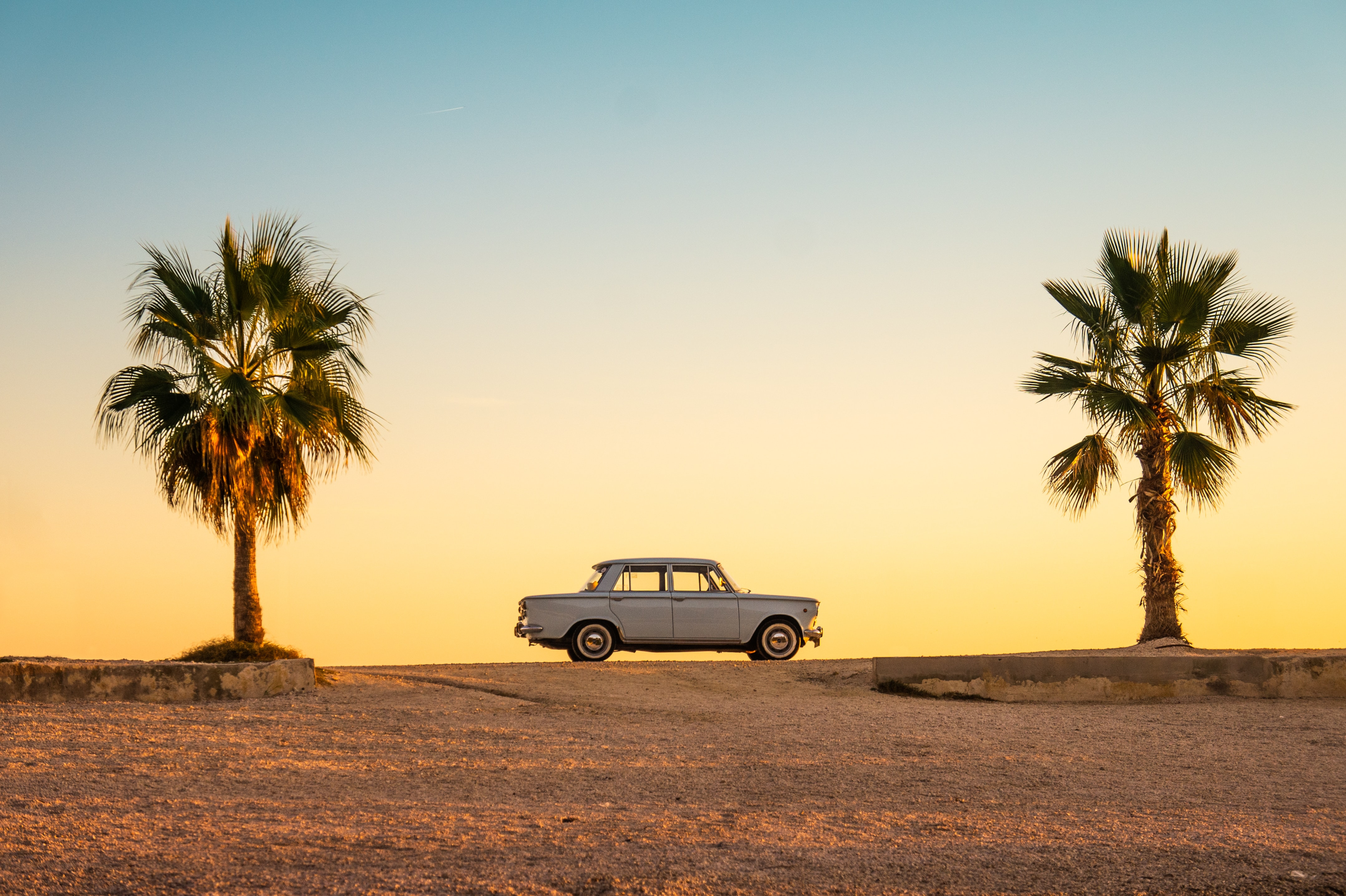 A classic 4 door sedan parked on a west coast sandy beach between two palm trees. The Summer is peak car shipping season for the car shipping industry.