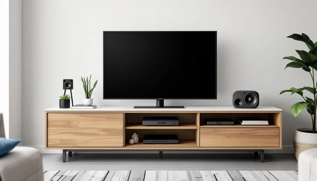 The image features a modern living space showcasing a sleek acacia TV unit, designed with organised cable management and ample storage solutions for media devices. The natural wood texture and rustic charm of the acacia timber enhance the overall functionality and style of the entertainment unit.