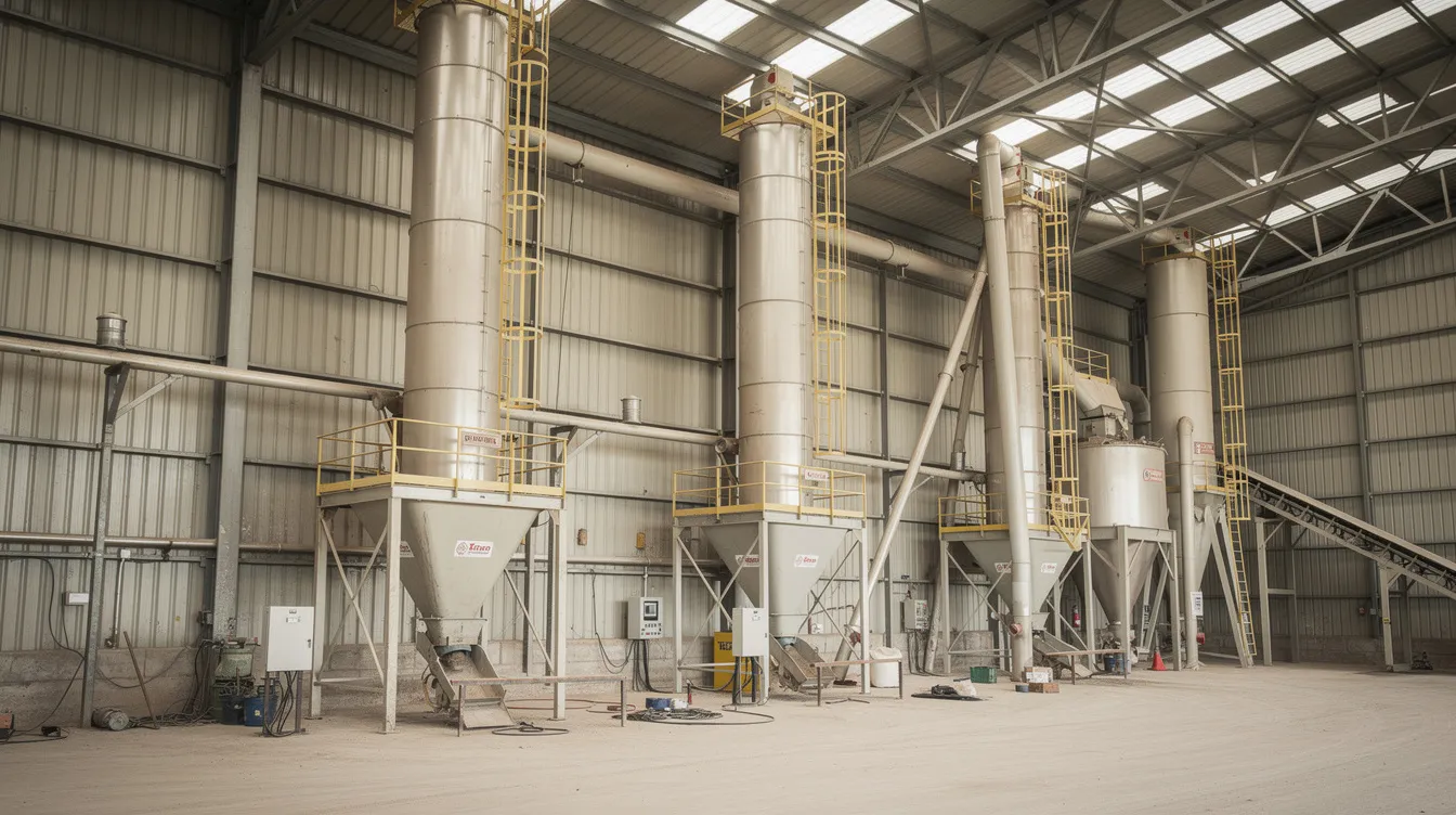 069c9017 7789 423e 8357 3ace316c093a The image depicts industrial grain processing machinery, including bucket elevators, within a factory shed, showcasing the advanced technology used in a dal mill plant. This setup emphasizes operational efficiency and the processing of raw pulses, highlighting the crucial role of machinery in the food processing industry.