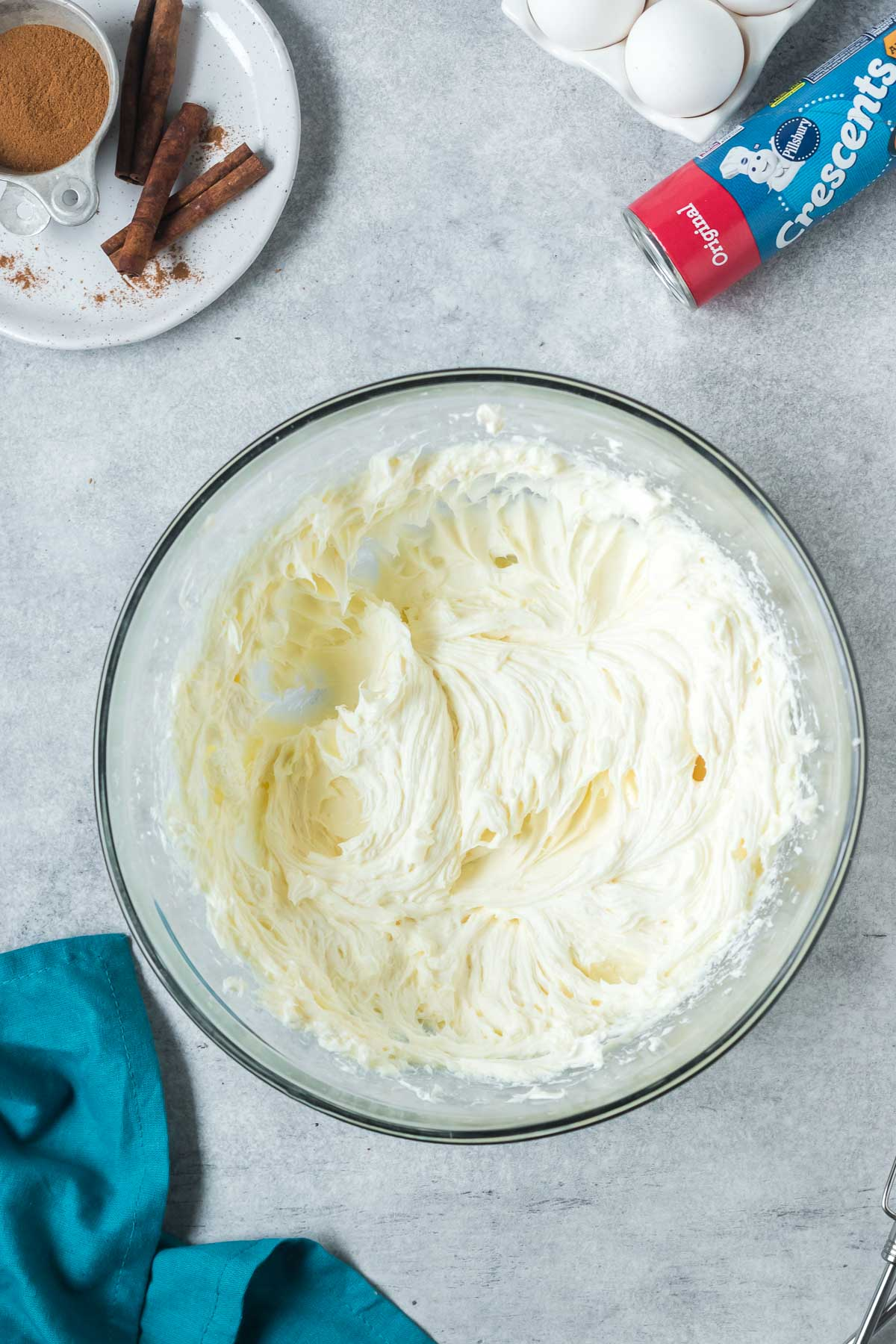 bowl of cream cheese and sugar beaten together