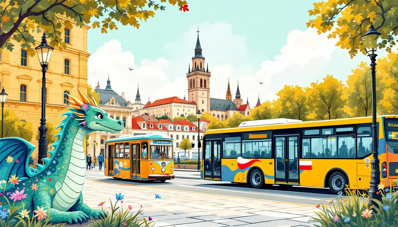 Buses at a bus stop in Kraków, illustrating public transport options.