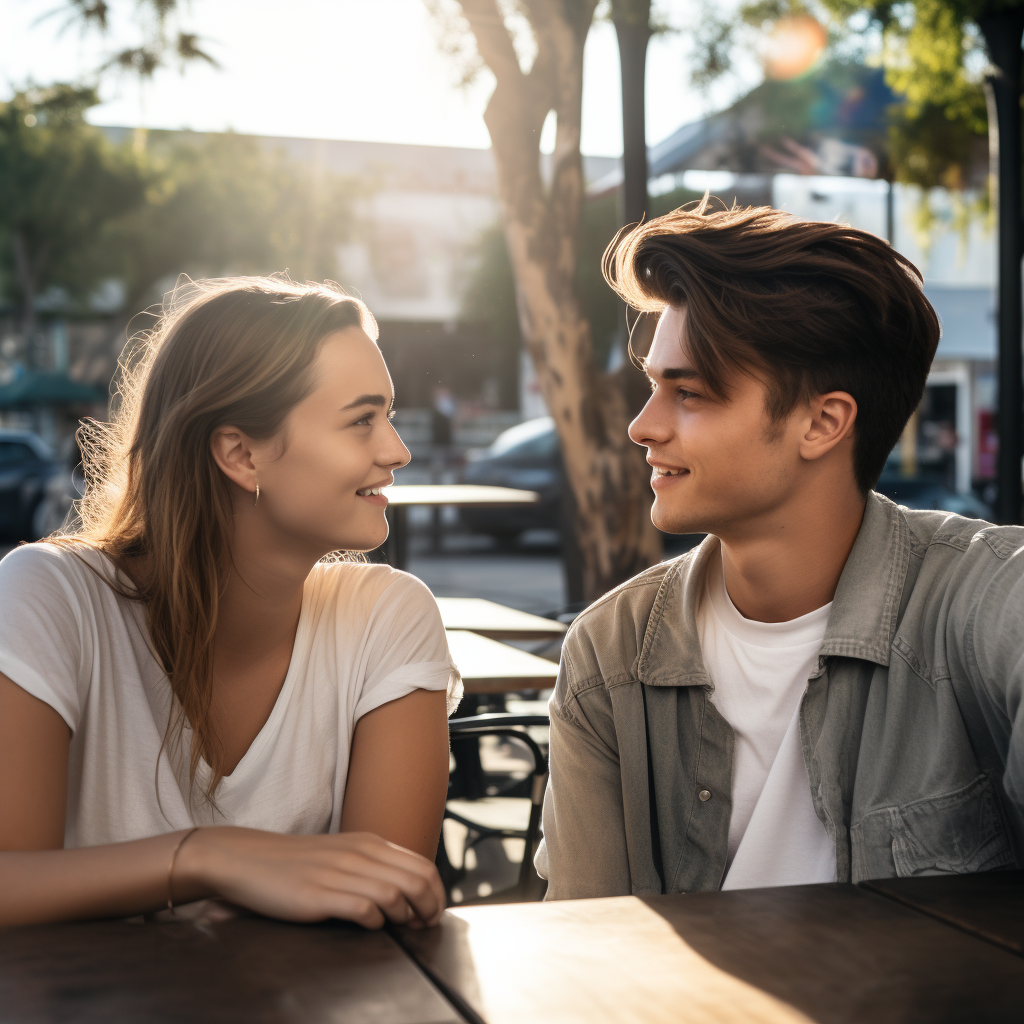 Young couple talking comfortably wtih each other in an outdoor cafe. 