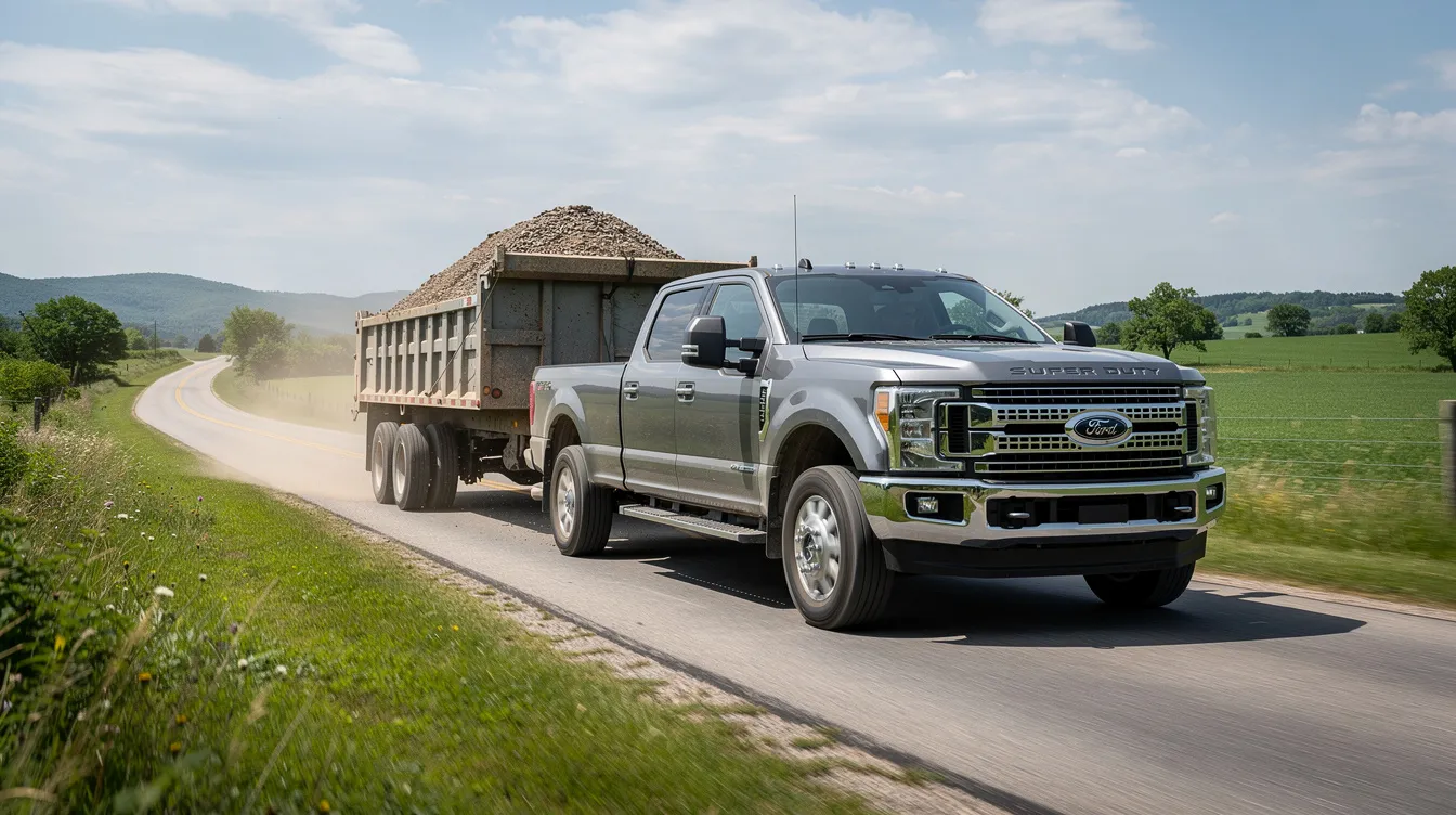 A pickup truck is towing a loaded tandem-axle dump trailer along a rural road, designed for hauling construction debris such as dirt and gravel. The heavy-duty trailer, equipped with ramps and built for reliability, showcases its payload capacity and versatility for various job applications.