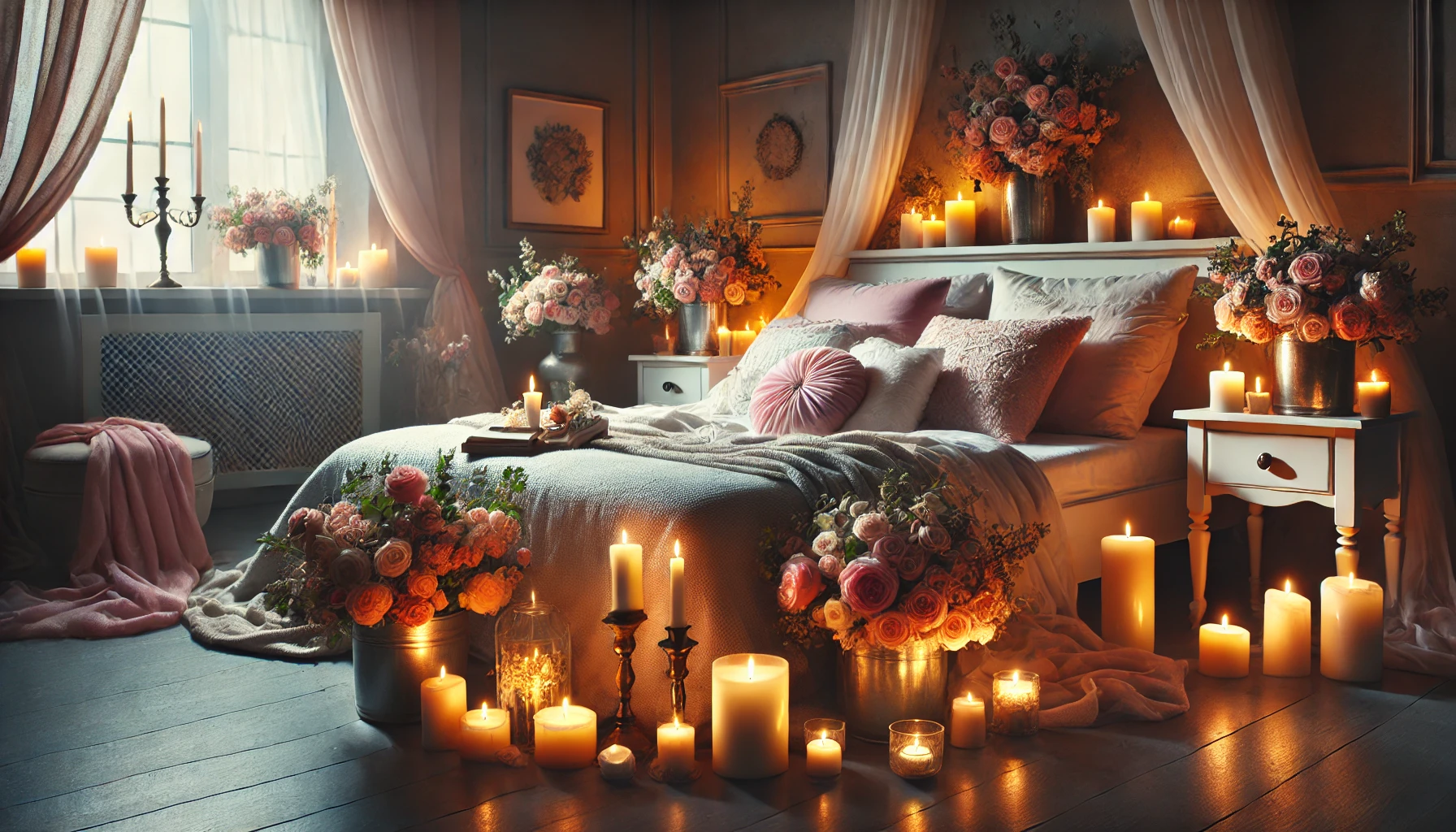 A softly lit bedroom with candles, flowers, and romantic decor.