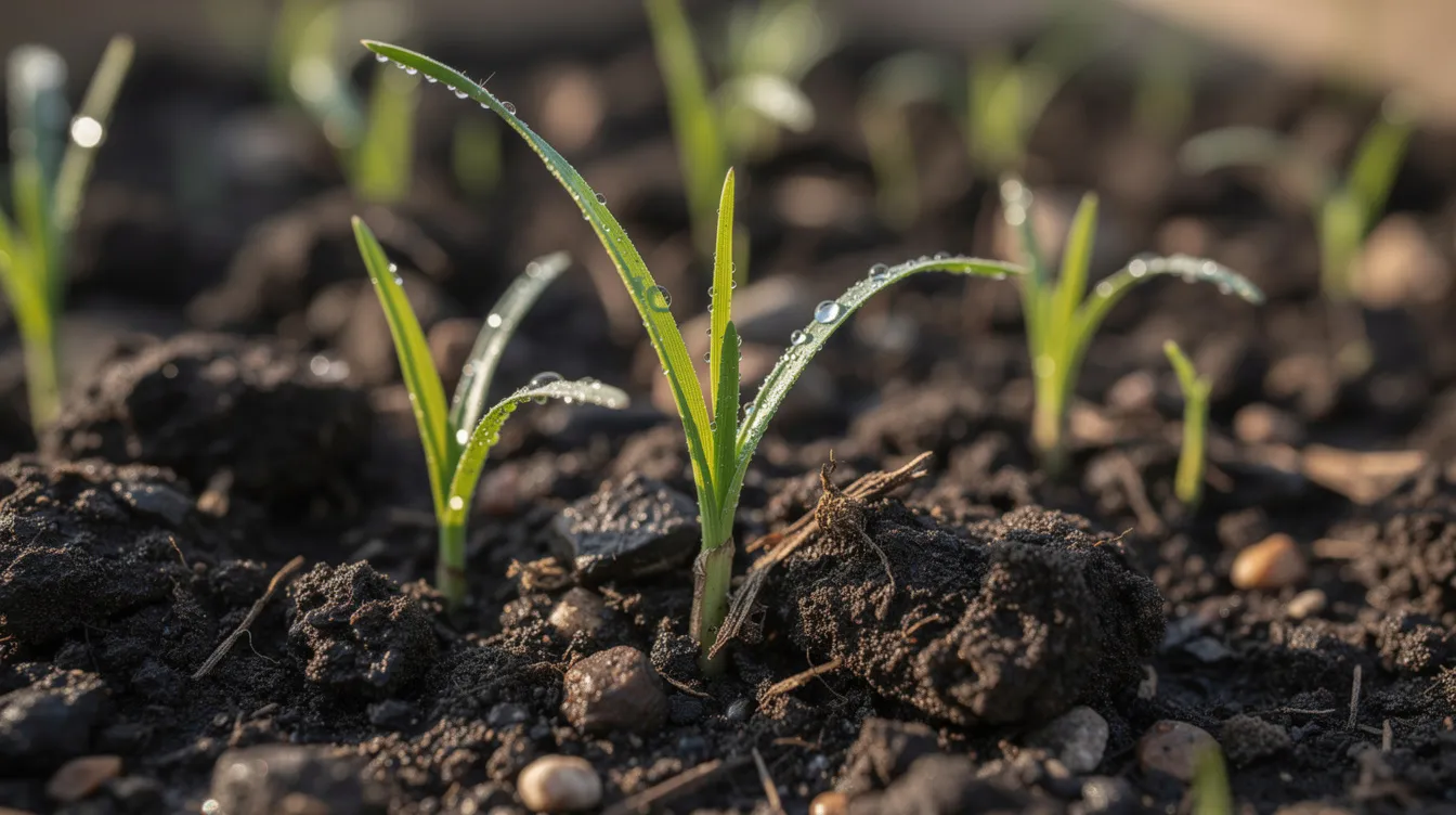 The image shows a close-up of young grass seedlings emerging from dark, moist soil in a garden, indicating the successful germination of grass seed. These vibrant green shoots suggest the beginnings of a lush new lawn, ideal for family gardens and outdoor spaces.