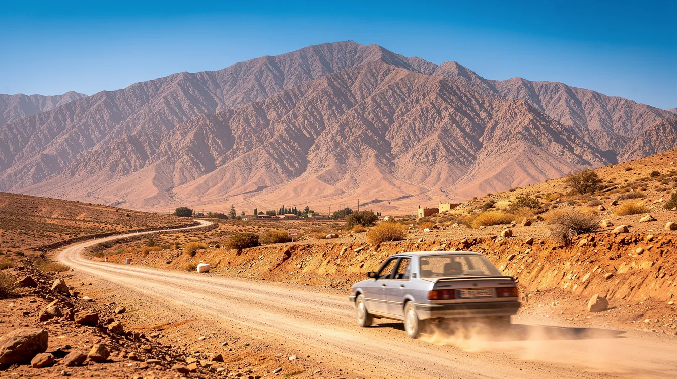 Un'auto, probabilmente una Dacia Sandero, percorre una strada panoramica in Marocco, con le maestose montagne dell'Atlante sullo sfondo e un cielo sereno. Questa scena evoca l'idea di un viaggio avventuroso, ideale per chi desidera noleggiare un veicolo per esplorare le bellezze del paese.