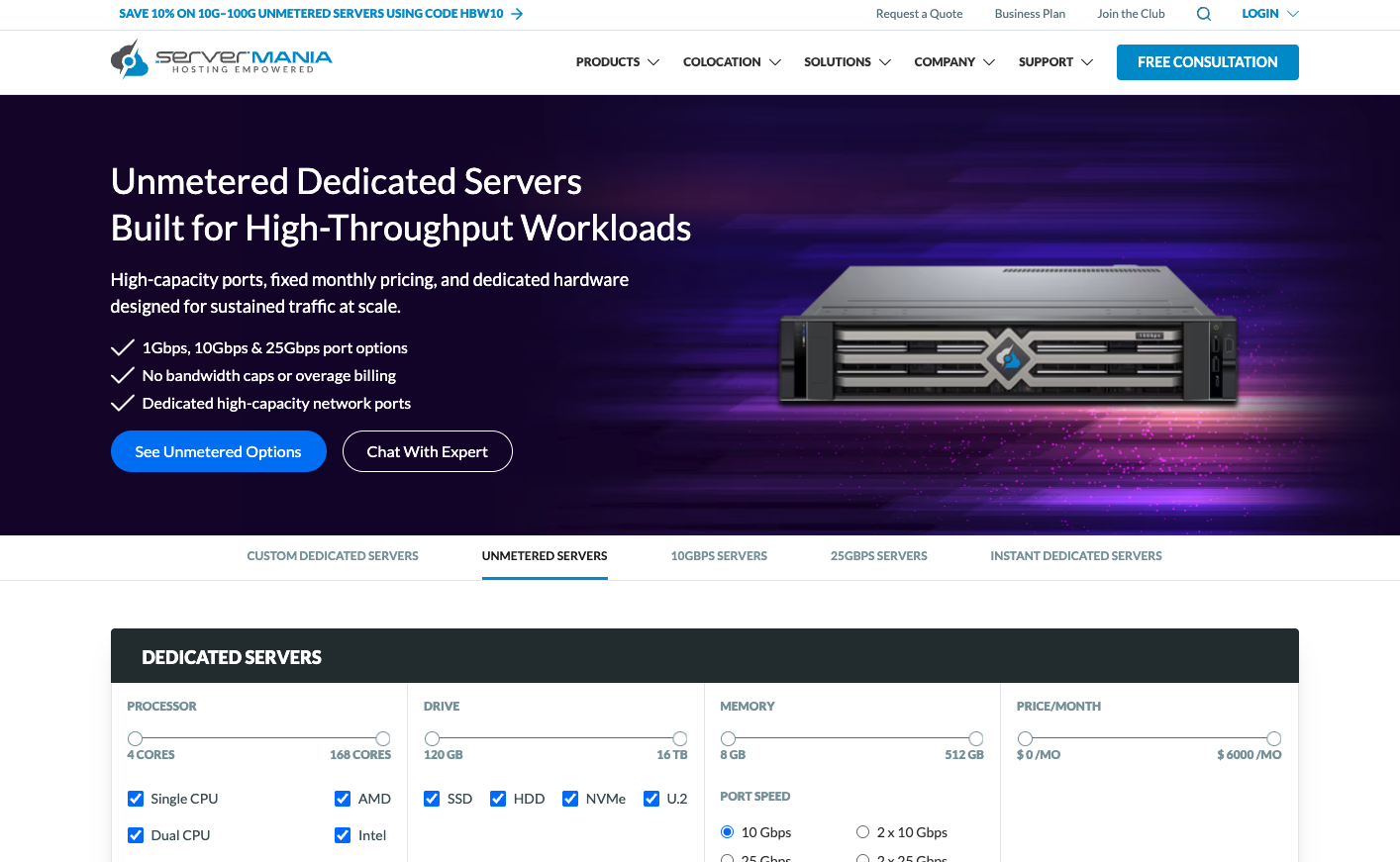 ServerMania unmetered dedicated server pricing and configuration page