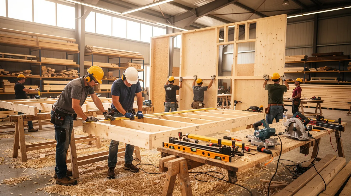 Une équipe de charpentiers travaille sur une ossature bois dans un atelier, mettant en œuvre leur savoir-faire pour la construction d'une maison en bois. Ce projet d'extension de maison à Nantes illustre l'importance des matériaux et des techniques de construction adaptées pour répondre aux besoins des familles.