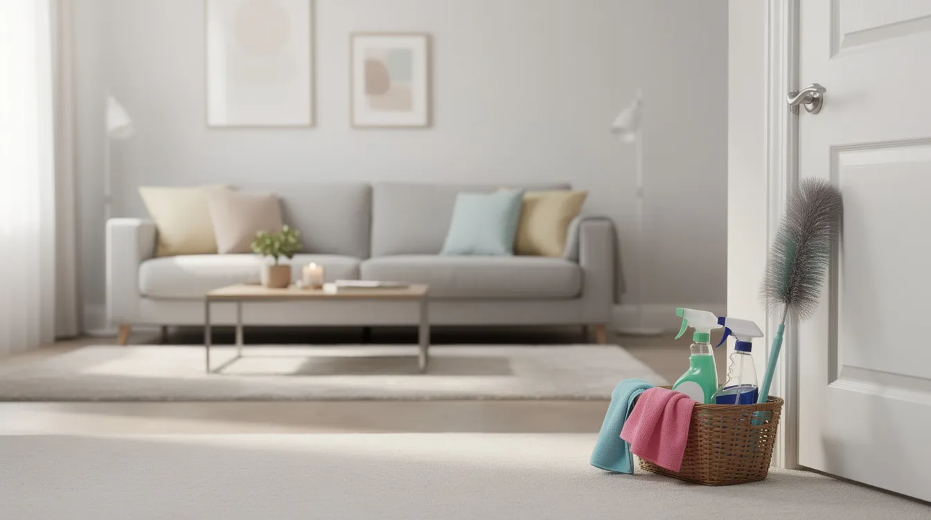 The image depicts a guest-ready living room featuring a light carpet and a small cleaning supply basket placed by the door, suggesting readiness for any spills or pet messes. The scene conveys a welcoming atmosphere, with the cleaning supplies hinting at the use of effective carpet stain removers to tackle tough stains and maintain a fresh environment.