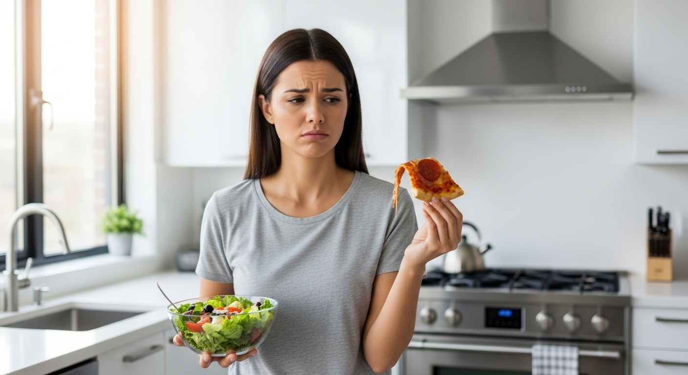 Kobieta ma trudności z przestrzeganiem swojej diety, bo ma ochotę na pizzę.