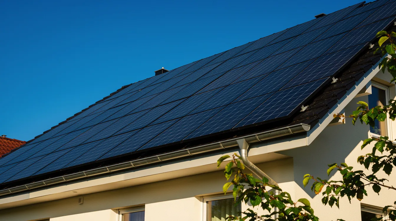 Das Bild zeigt ein Hausdach, das mit Solarpaneelen ausgestattet ist, die im strahlenden Sonnenschein glänzen. Diese Photovoltaikanlagen sind eine umweltfreundliche Möglichkeit, Energie zu gewinnen und können auch als wertvolle Geldanlage betrachtet werden.