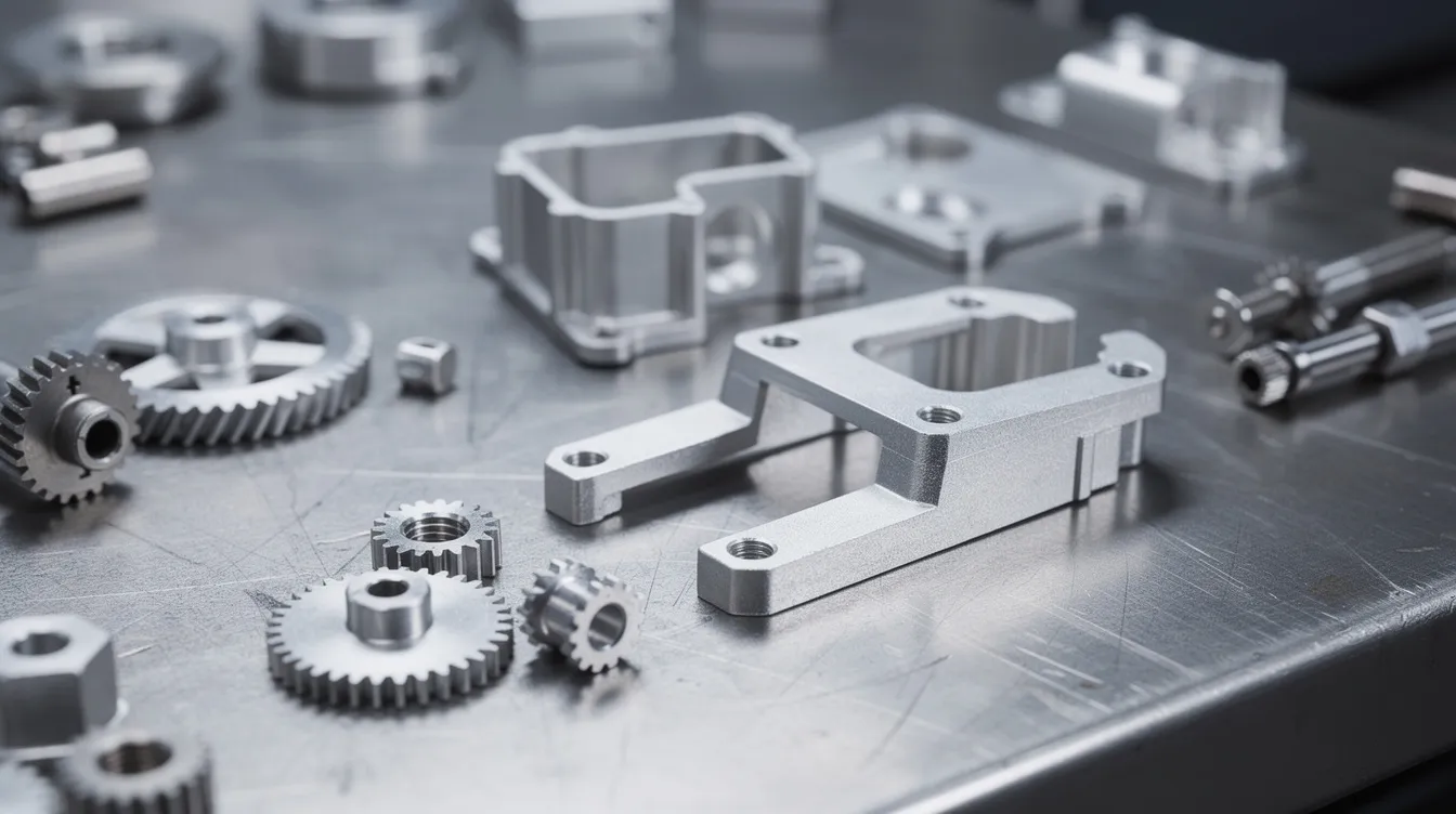 A close-up photograph showcases several precision die-cast zinc aluminum alloy components, including small gears, brackets, and housings, meticulously arranged on a metal workbench. These components highlight the mechanical properties and corrosion resistance of zinc alloys, emphasizing their applications in various industries.