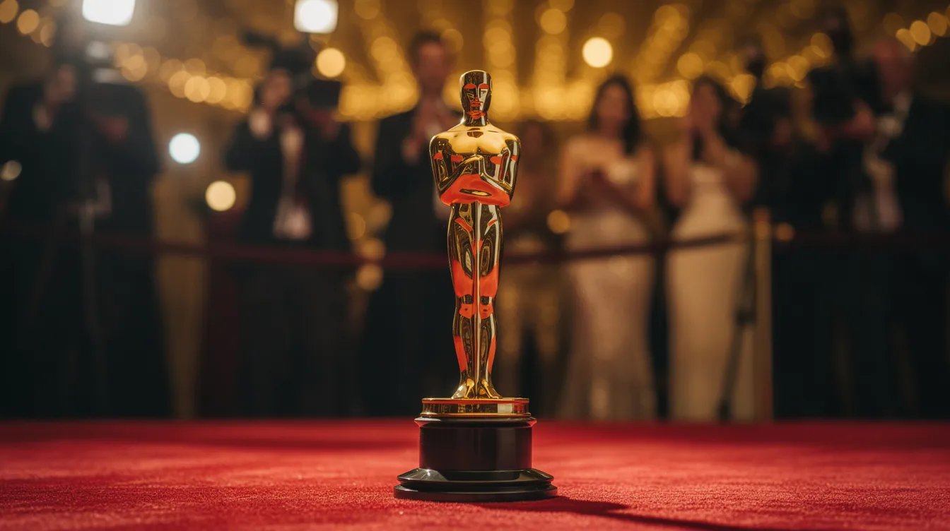 Eine goldene Filmstatuette steht auf einem roten Teppich, umgeben von festlichem Licht und unscharfen Silhouetten im Hintergrund, was eine glamouröse Atmosphäre schafft, die an die Welt von "La La Land" erinnert. Die Szene strahlt den Zauber von Hollywood und die Magie des Kinos aus, in der Träume und Musik eine zentrale Rolle spielen.