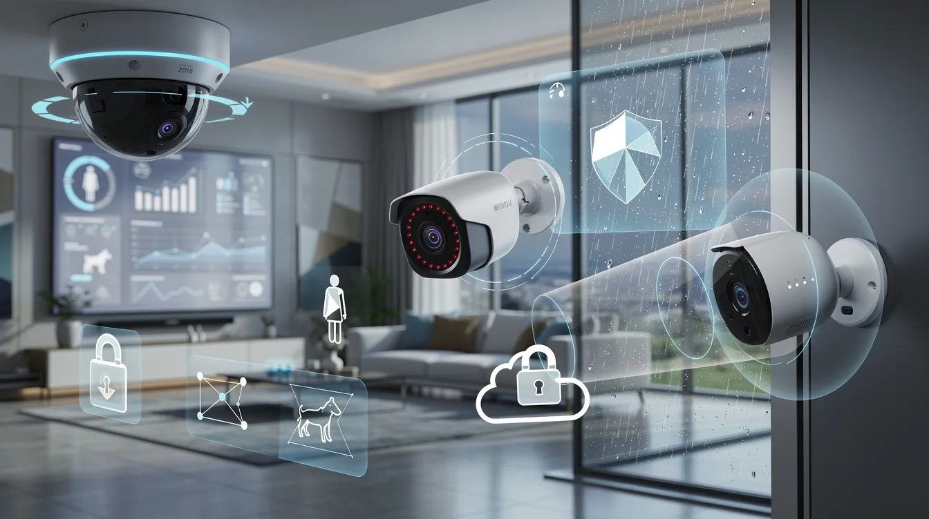 Key features to consider when choosing AI security cameras, illustrated with various camera types.