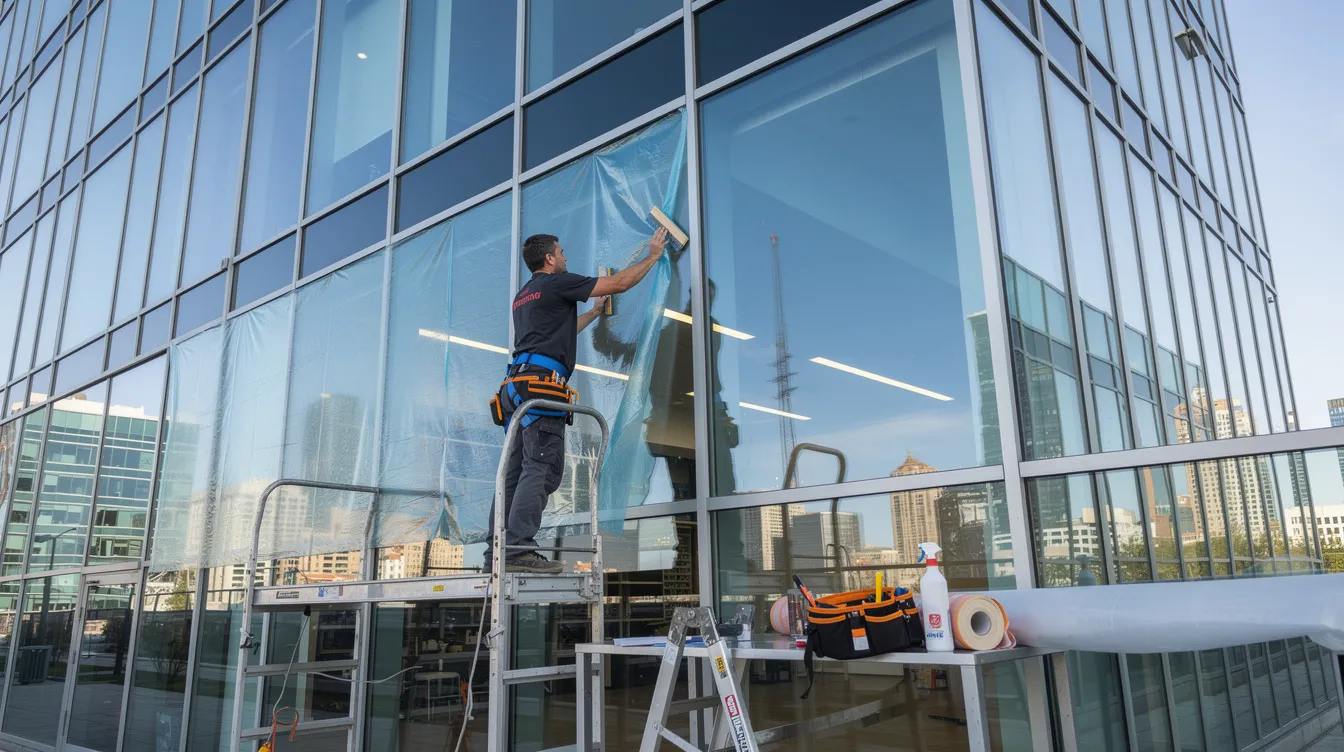 A technician is seen carefully applying window film to a large glass panel on a commercial building, showcasing the services offered by business to business franchises. This image highlights the importance of enhancing business environments while providing potential clients with effective solutions for cost reduction and energy efficiency.