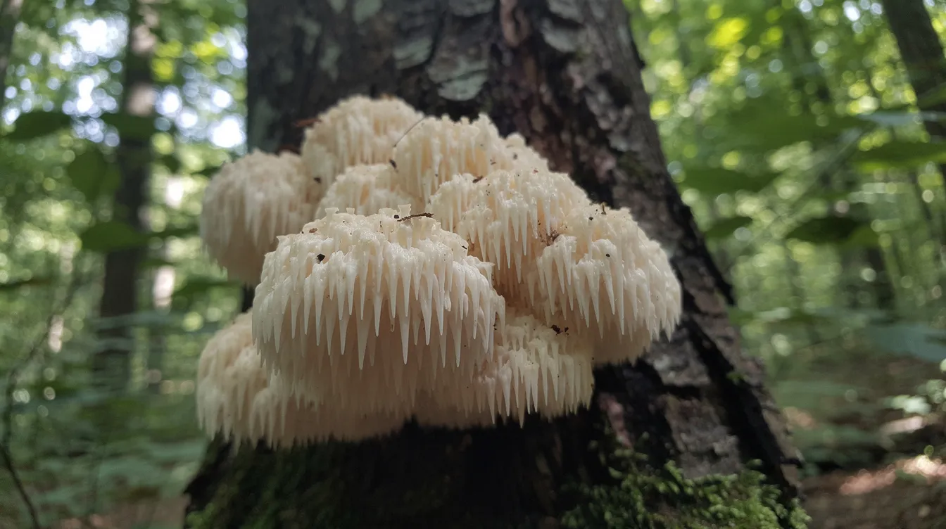 A close-up photograph captures a fresh lion's mane mushroom, characterized by its unique, fluffy appearance, growing on a tree trunk in a serene forest setting. This mushroom is often associated with brain health and cognitive function, making it a popular subject in discussions about dietary supplements for improving memory and mental performance.