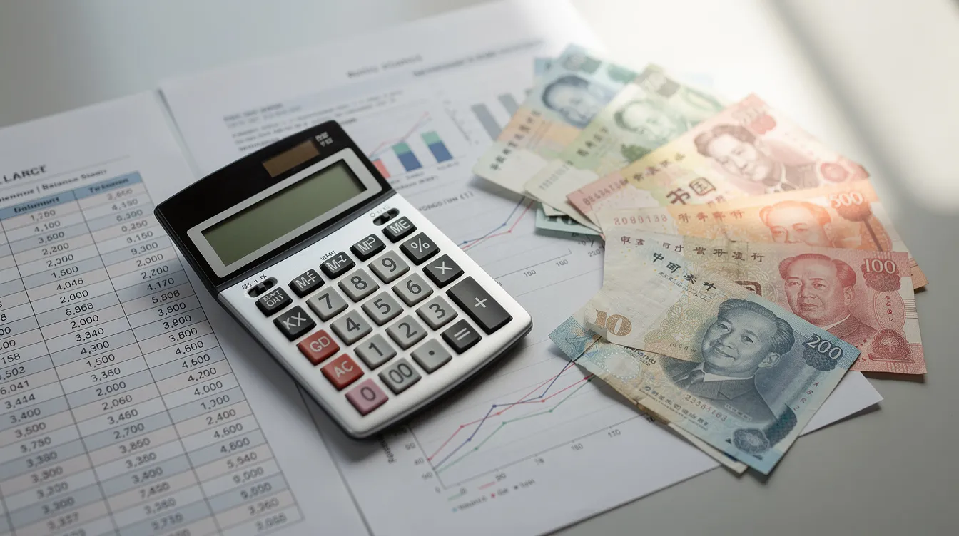 The image shows a calculator resting on financial documents, with Hong Kong dollar bills scattered nearby, suggesting a focus on budgeting and financial planning. This setup may indicate activities related to loan applications or assessing financial status.