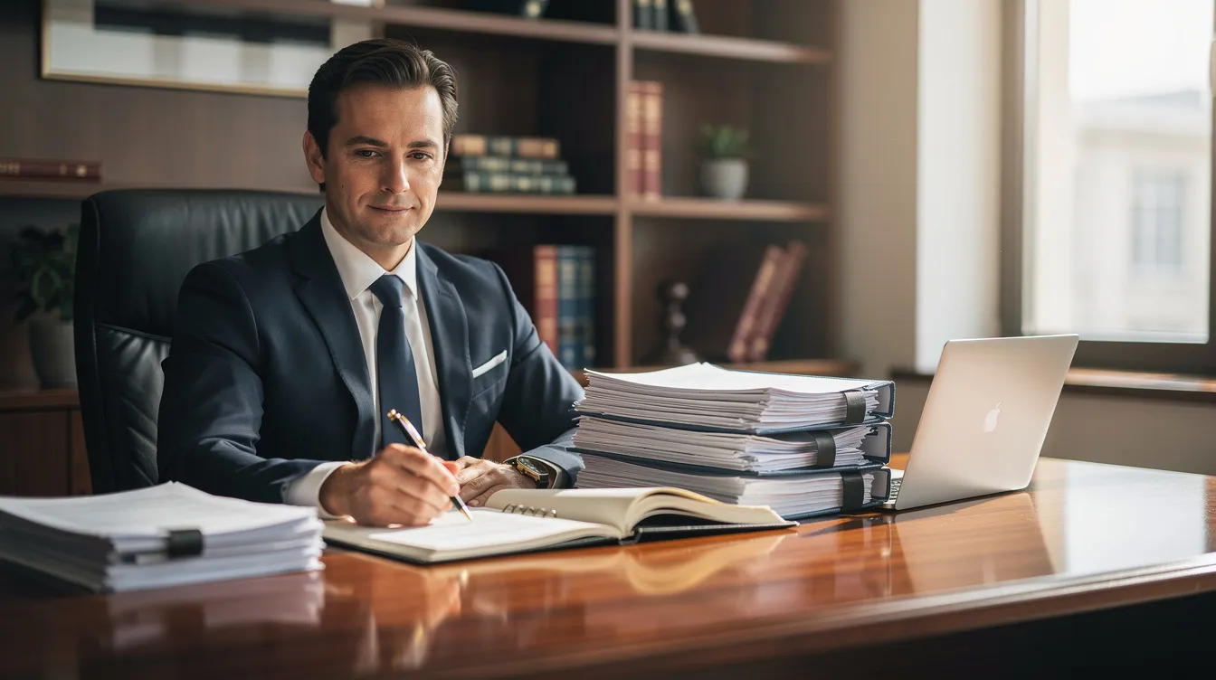 The image depicts a confident attorney seated at a desk, carefully reviewing legal documents related to workers compensation claims. The attorney's focused demeanor suggests expertise in navigating the complexities of workers compensation benefits for injured workers in Colorado.