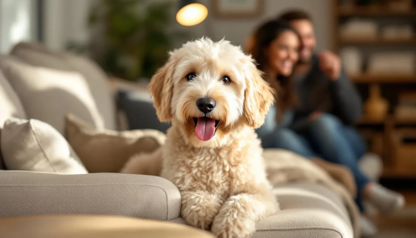 A cream-colored miniature English Goldendoodle, known for its curly coat and hypoallergenic qualities, is happily sitting on a living room couch surrounded by a joyful family, showcasing the breed