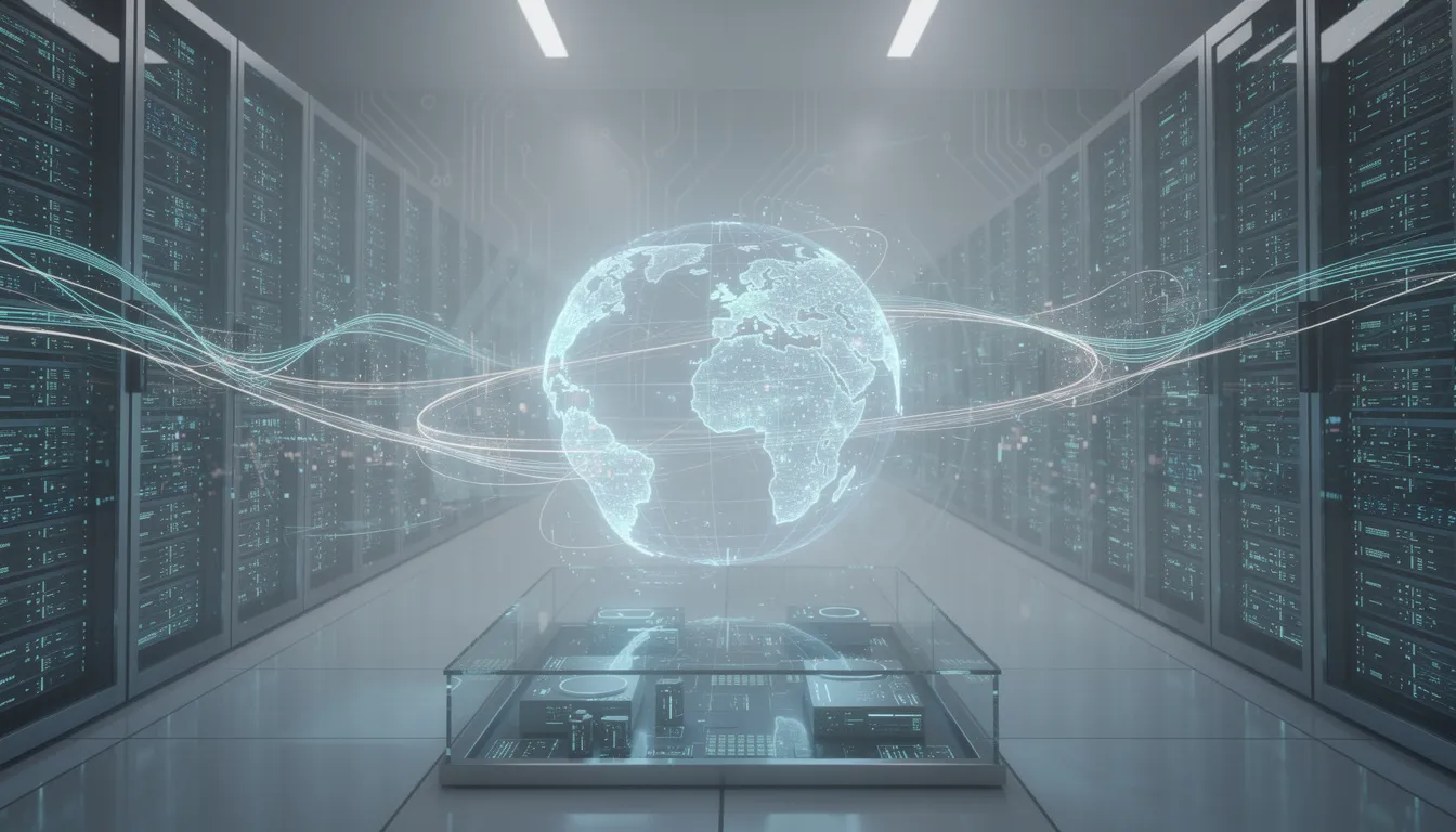 The image depicts a sleek, futuristic data center filled with glowing servers and holographic interfaces, symbolizing an advanced internal knowledge base solution designed to enhance knowledge management and employee productivity. This high-tech environment suggests a hub for organizing critical information and facilitating knowledge sharing among teams.