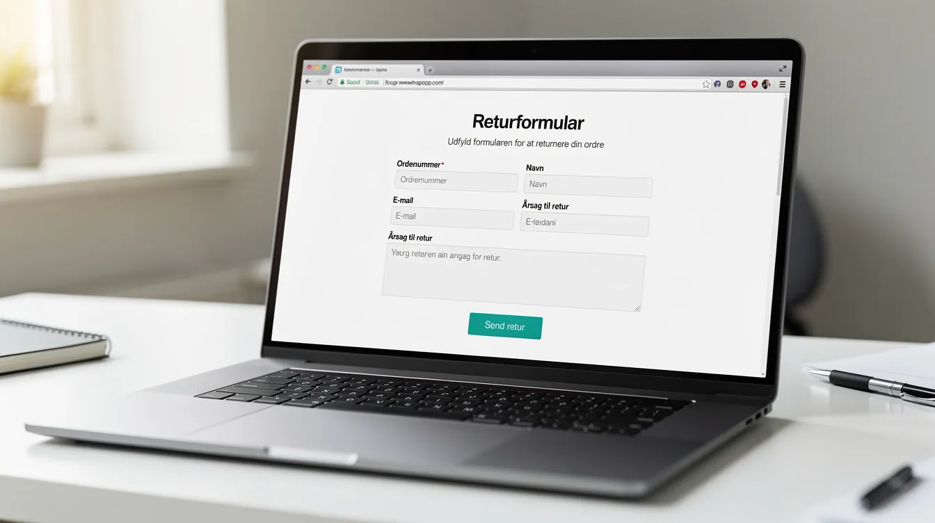 Billedet viser en bærbar computer, der viser en webshops returside med en udfyldt formular synlig på skærmen. Formularen indeholder oplysninger om, hvordan man kan returnere varen, få pengene tilbage og reklamere over fejl i det købte produkt.