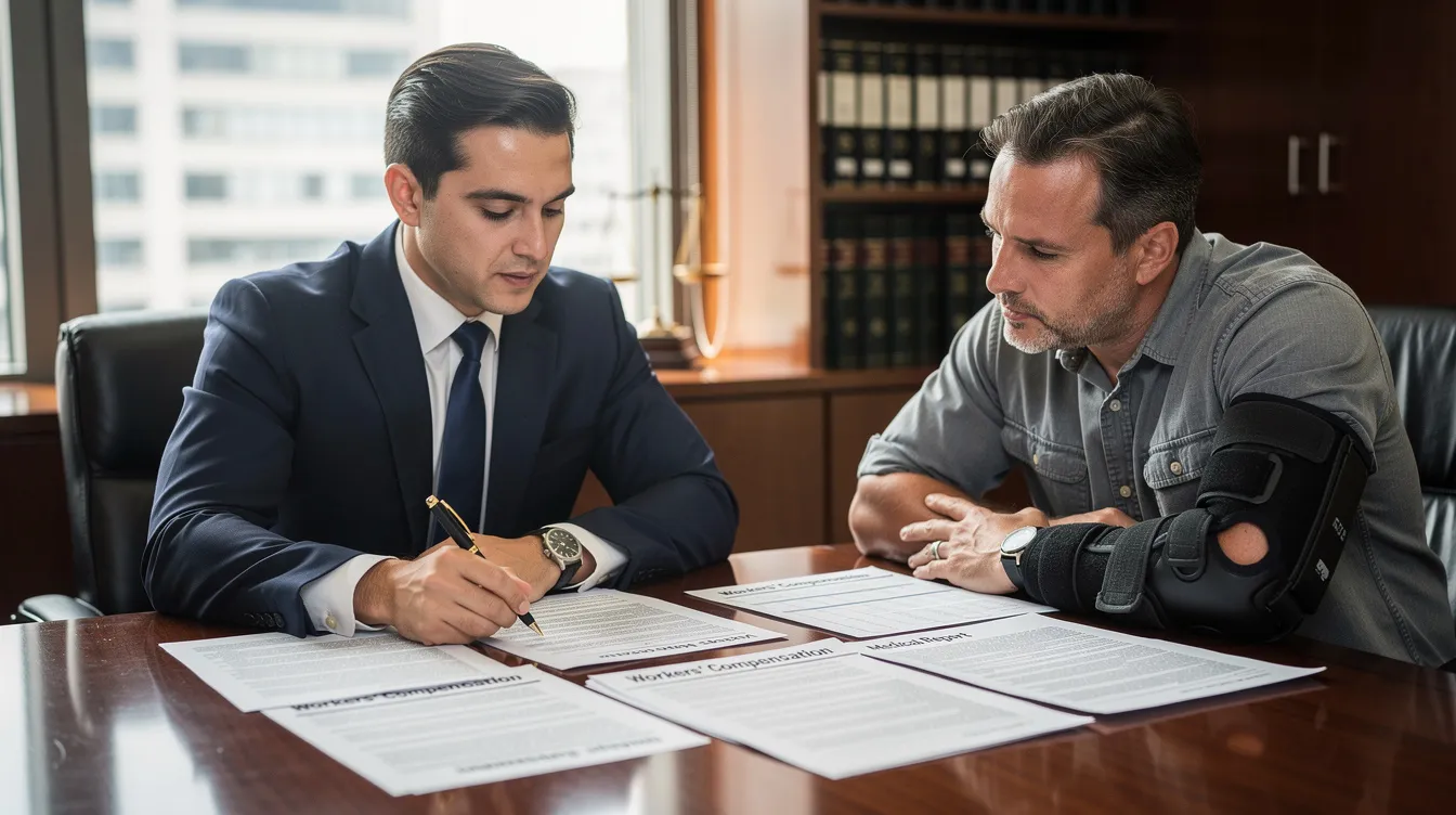 An experienced workers compensation attorney is meeting with an injured worker to discuss important workers compensation documents related to their neck injury claim. The conversation focuses on the workers compensation process, including potential benefits for lost wages and medical treatment for back and neck injuries resulting from a workplace accident.
