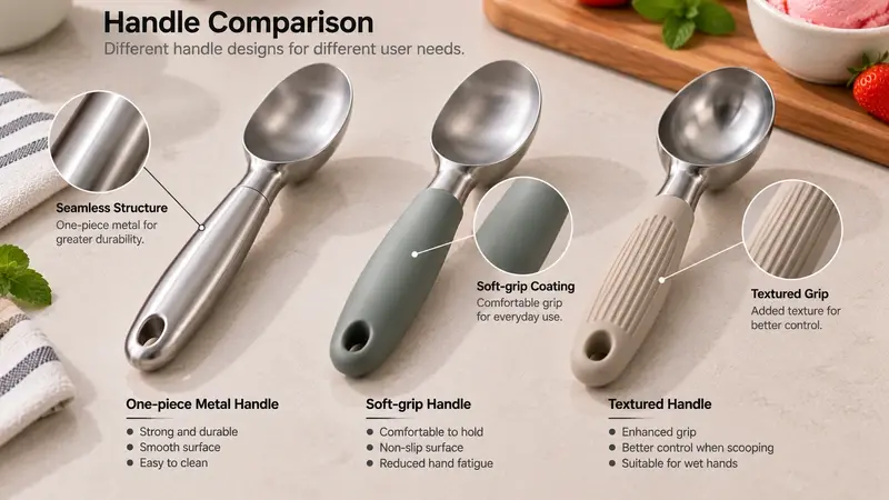 One-piece, soft-coated, and textured ice cream scoop handles compared for grip testing