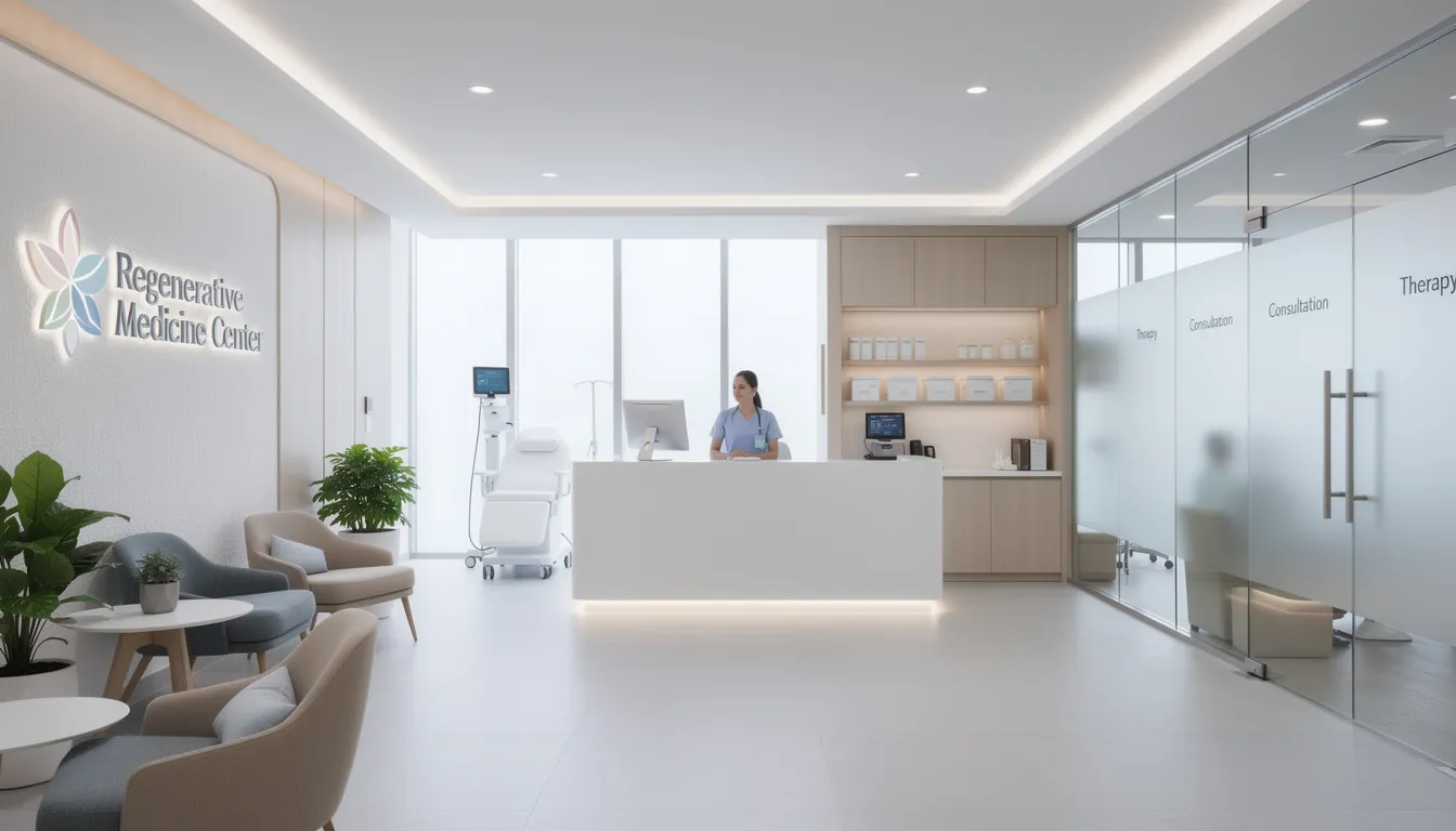 The image depicts a modern regenerative medicine clinic interior, featuring sleek, clean lines and advanced medical equipment. The space is designed for stem cell research and therapy, emphasizing a focus on various types of stem cells, including pluripotent and adult stem cells, to aid in tissue repair and treating diseases.
