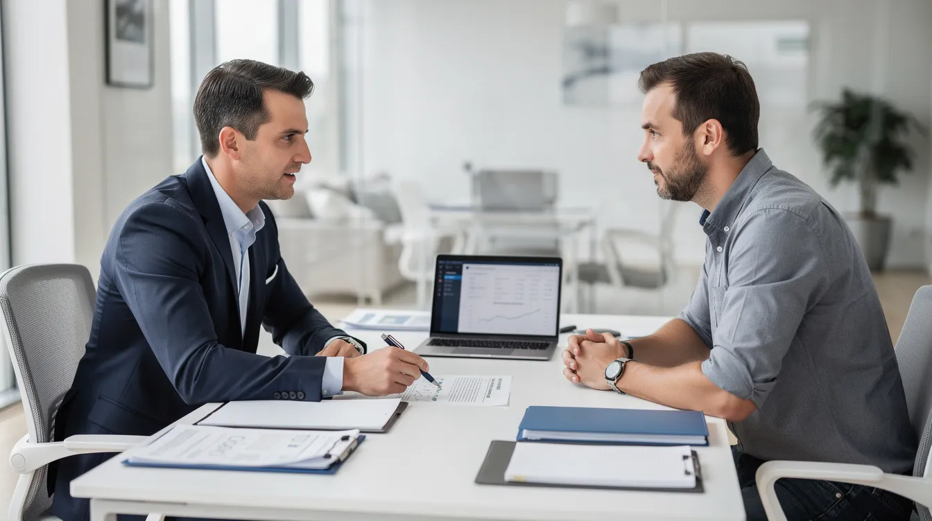 06b6d1be 9fdf 492f ba0a 9677a595fe43 The image depicts a professional advisor and a small business owner engaged in a conversation about paperwork at a modern desk, which features a laptop and various documents. This scene signifies the importance of financial assistance, such as mudra loans, for small enterprises and micro units looking to enhance their business plans and cash flow.