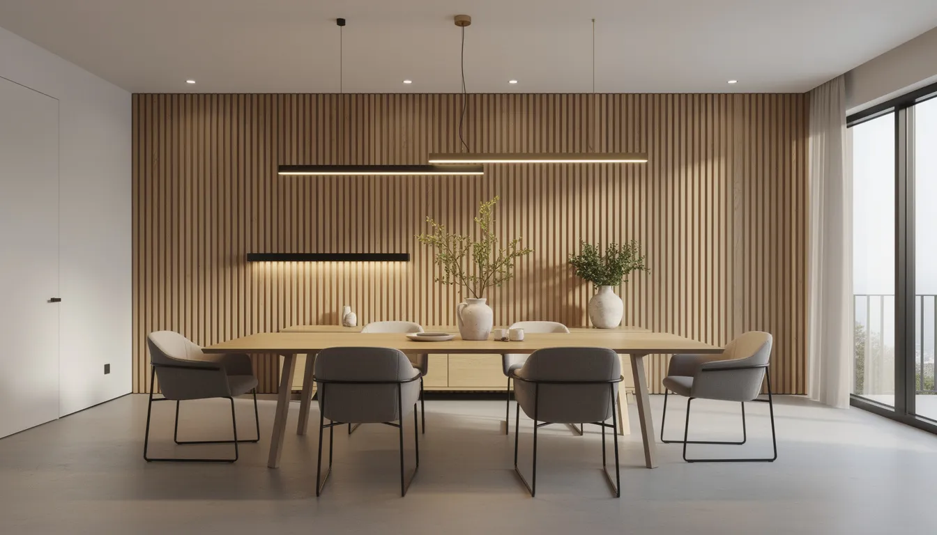 Een elegante eetkamer met een houten lattenwand en een lange eettafel, verlicht door designverlichting. De strakke afwerking van de houten wandpanelen draagt bij aan een warme en moderne uitstraling, terwijl de akoestische oplossingen zorgen voor een comfortabele omgeving zonder storende geluiden.