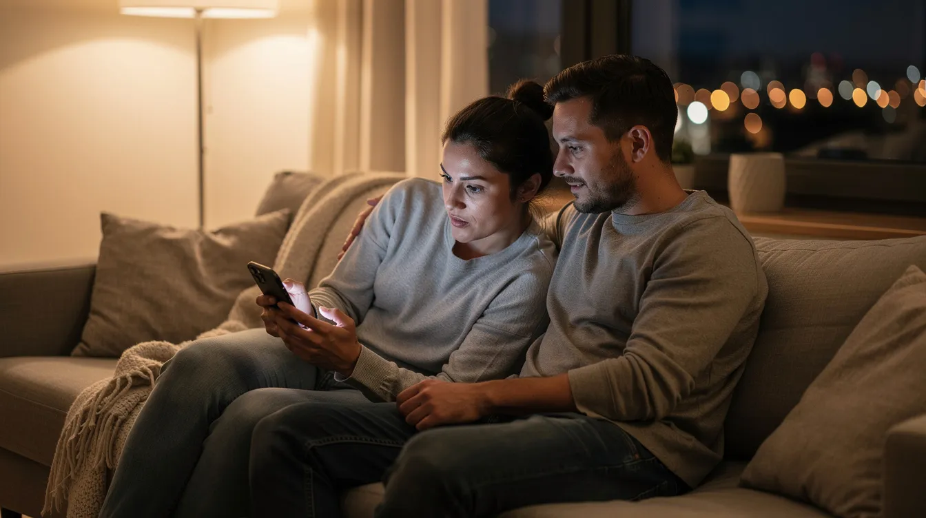 A person is sitting on a couch, focused on their phone while their partner sits beside them, showing a moment of connection. This scene highlights the importance of effective communication and body language in a healthy relationship, as they navigate their own feelings and the dynamics of their conversation.