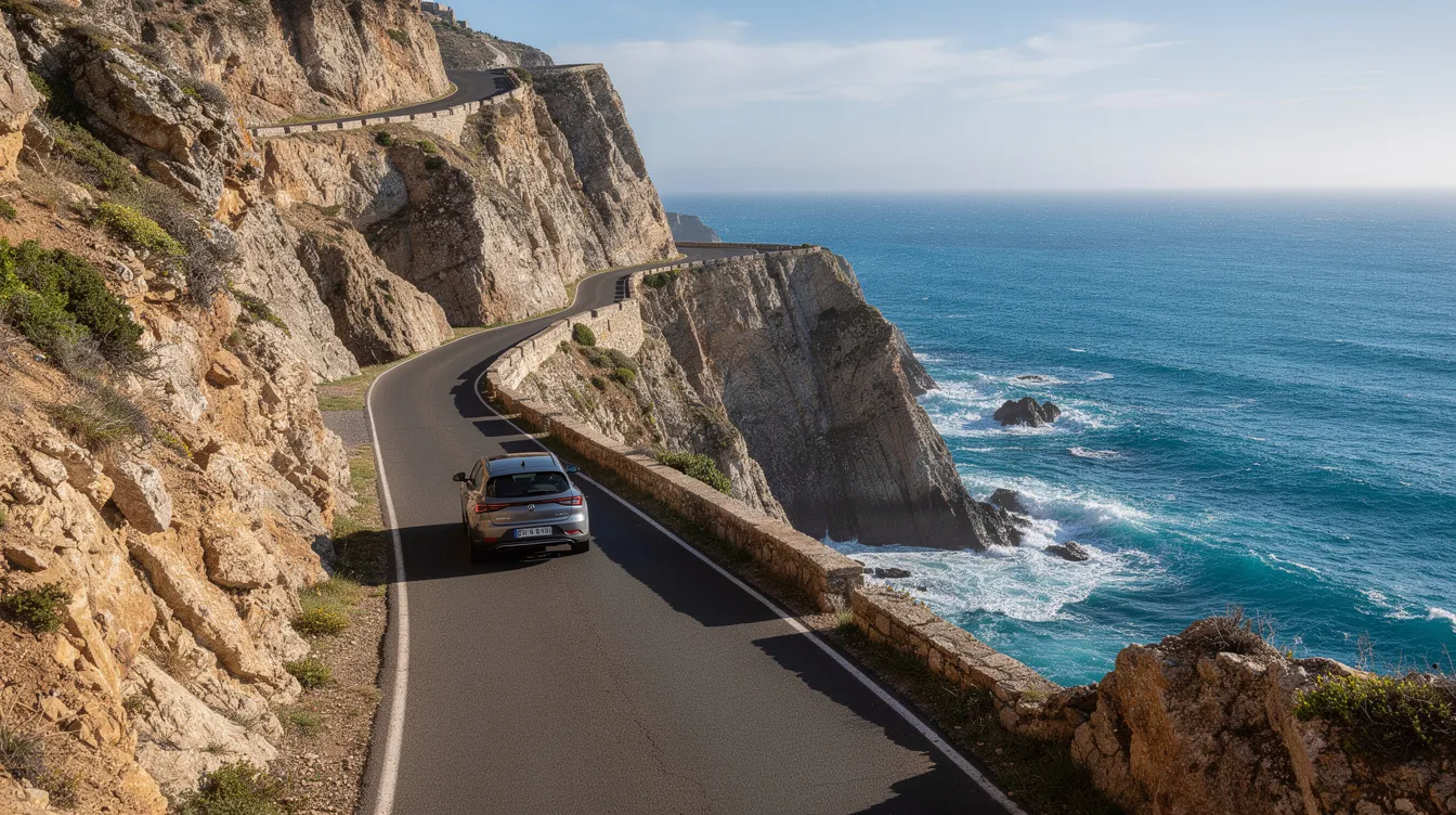 A car driving along a narrow coastal road beside cliffs and the sea.
