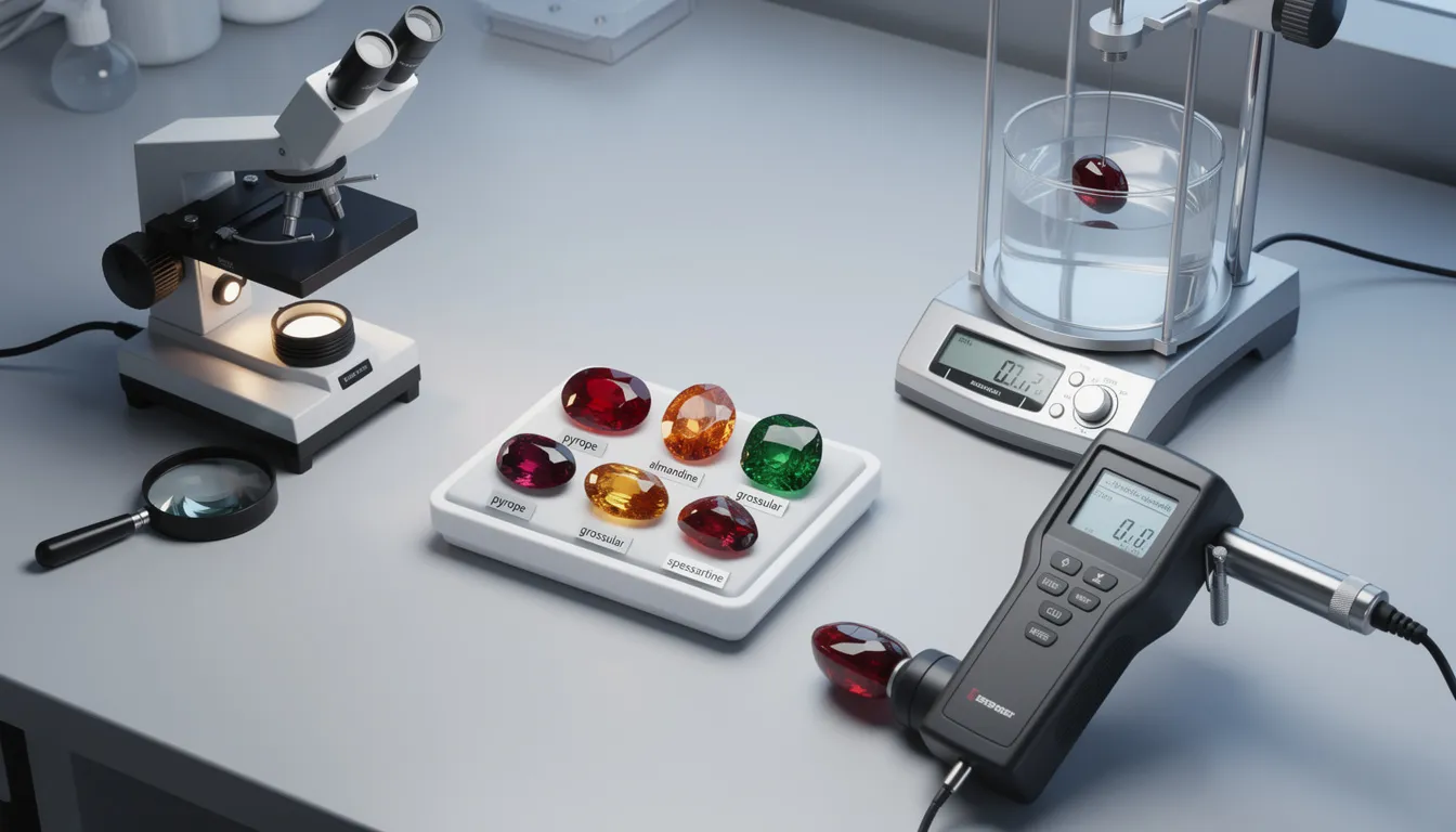 The image depicts various garnet crystals showcasing different colors and types, including red garnet and green garnet, highlighting their unique crystal structures and optical properties. These gemstones, often found in metamorphic and igneous rocks, illustrate the diversity of garnet varieties, each with distinct physical and chemical properties.