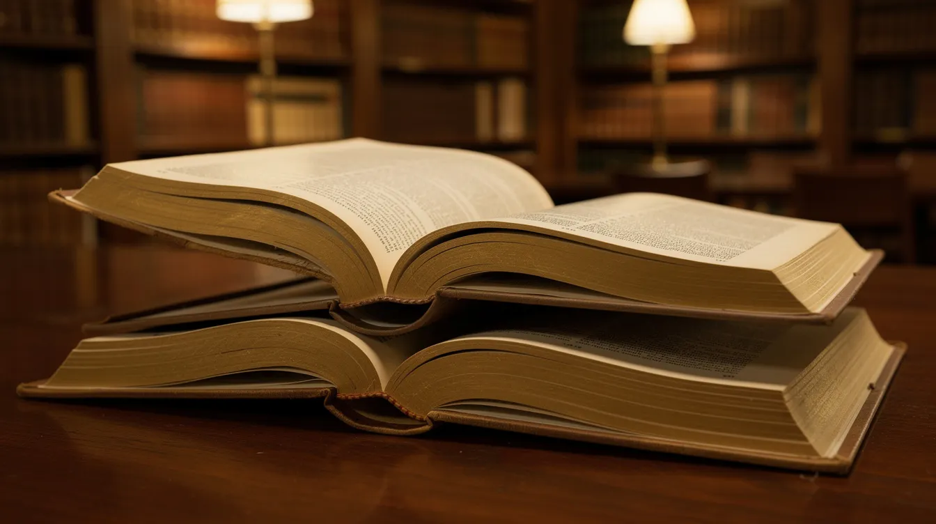 Na zdjęciu widoczne są otwarte klasyczne książki literackie, ułożone w stosie na stole w bibliotece. To idealne miejsce do napisania rozprawki maturalnej z języka polskiego, gdzie można znaleźć lektury obowiązkowe i inspirować się do analizy tematu.