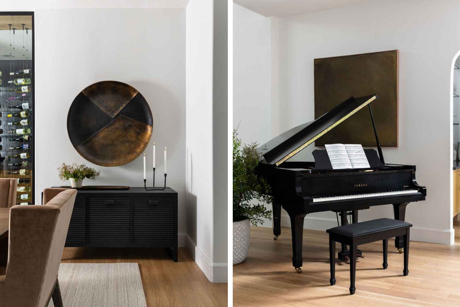 Side-by-side images showing a matte black sideboard with bronze decor and a grand piano against a minimalist white wall with large artwork.
