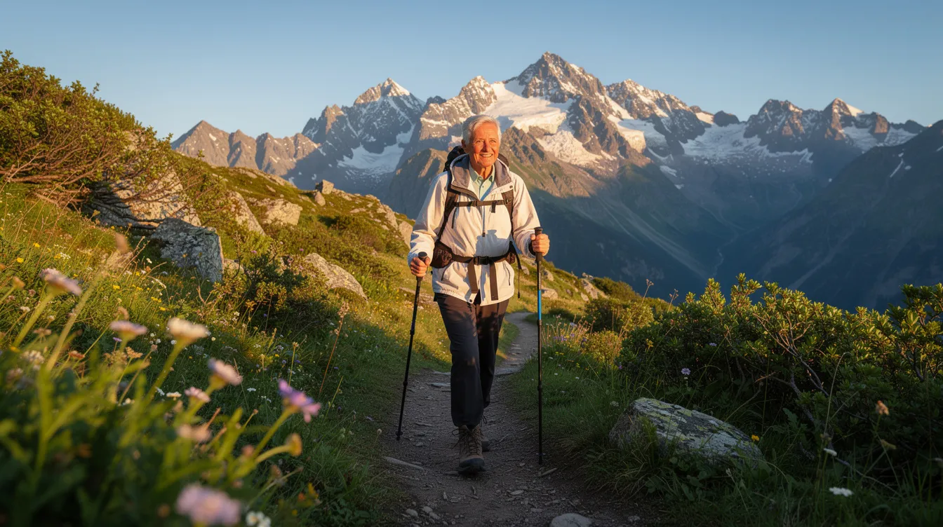 An active older person is hiking outdoors amidst lush nature, with majestic mountains in the background, embodying the essence of healthy living and longevity. This scene reflects the importance of regular exercise for emotional and mental health, as well as the pursuit of a vibrant life in the aging process.